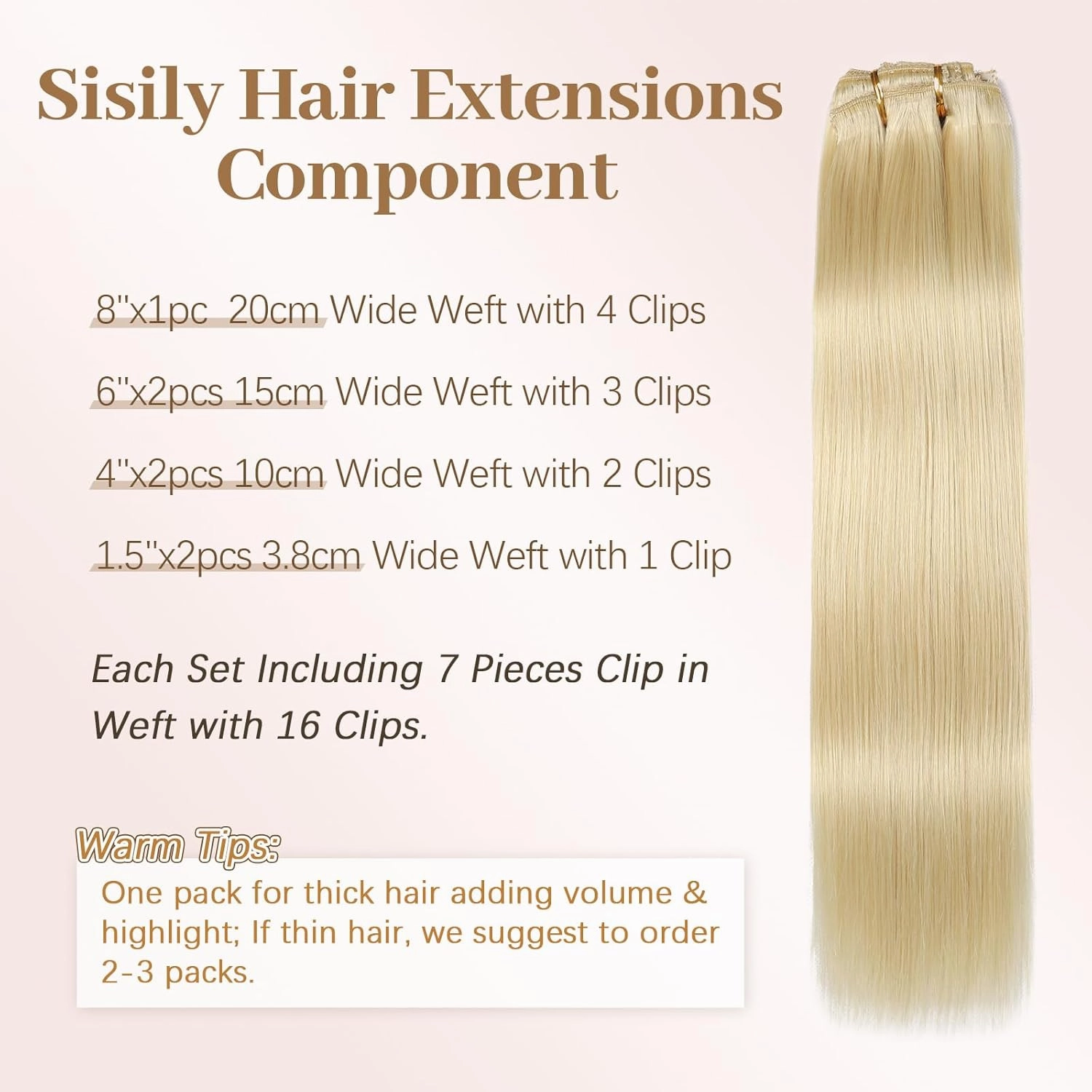 Sisily Clip in Hair Extensions Real Human Hair, Premium Human Hair Clip in Extensions Bleach Blonde, Soft Straight Hair Extensions Real Human Hair Clip ins 7PCS Double Weft（18 Inch #613）
