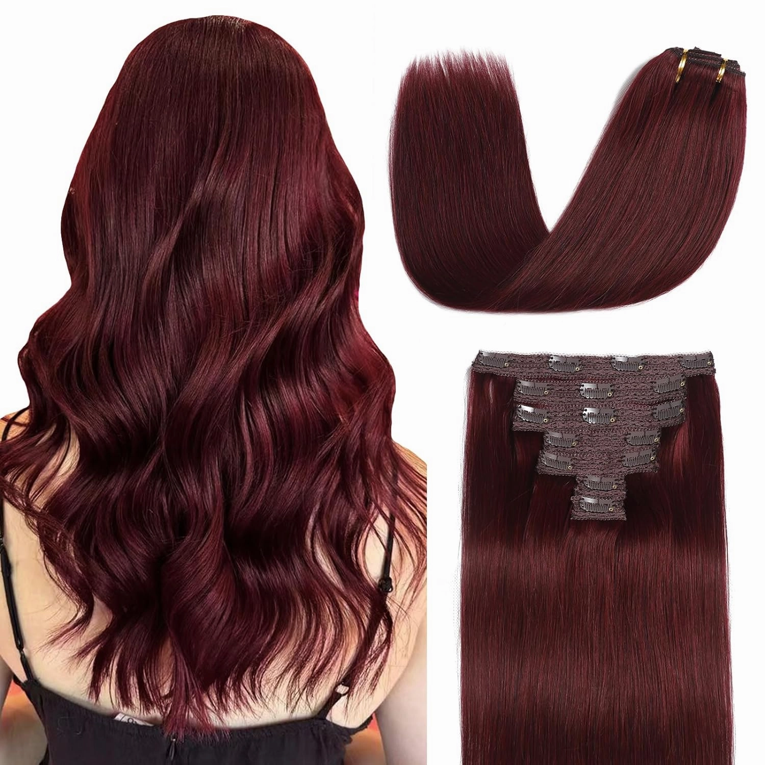 Sisily Clip in Hair Extensions Real Human Hair, Premium Human Hair Clip in Extensions Burgundy Red, Soft Straight Hair Extensions Real Human Hair Clip ins 7PCS Double Weft（14 Inch）