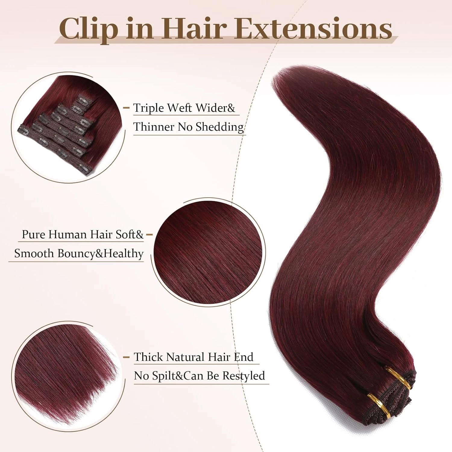 Sisily Clip in Hair Extensions Real Human Hair, Premium Human Hair Clip in Extensions Burgundy Red, Soft Straight Hair Extensions Real Human Hair Clip ins 7PCS Double Weft（14 Inch）