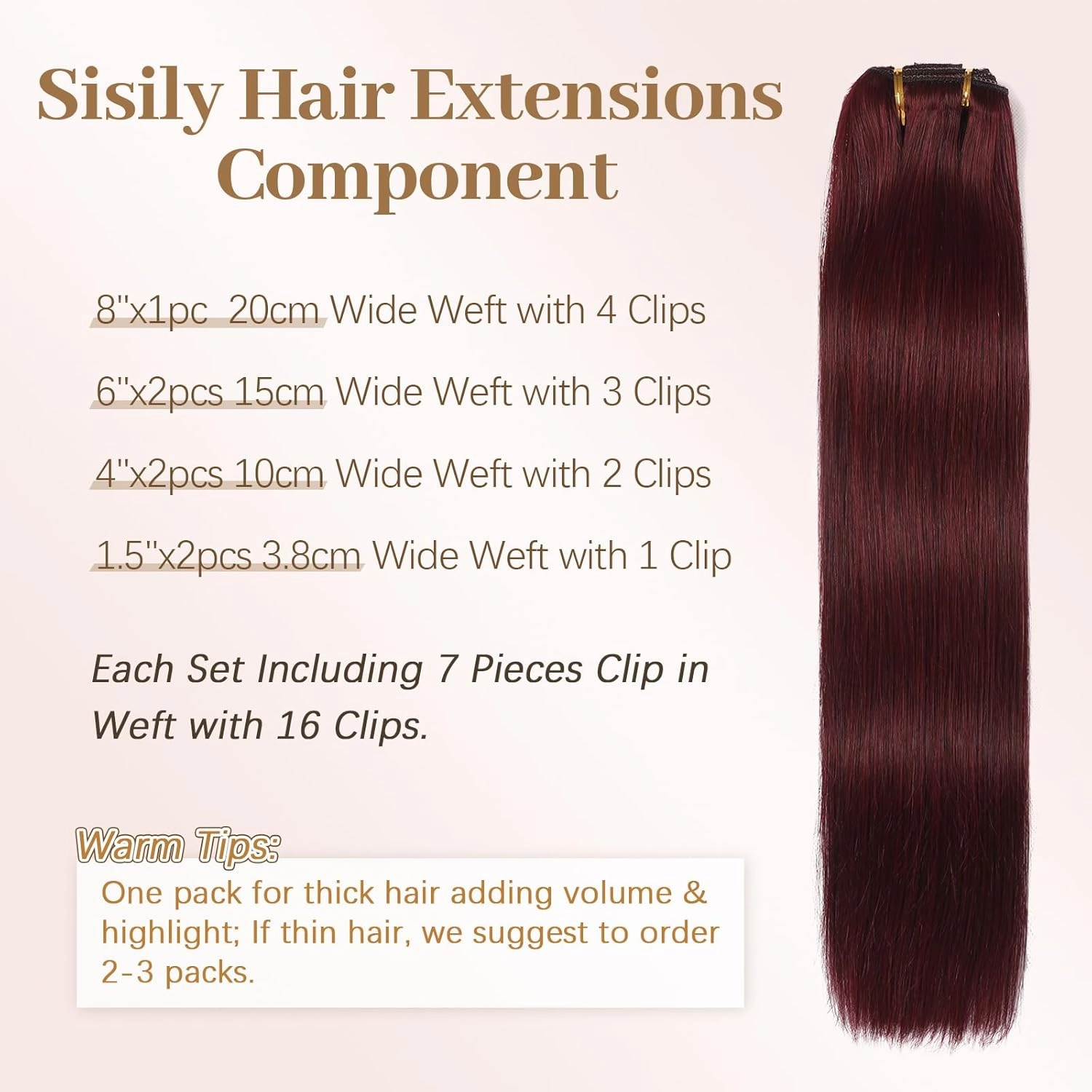 Sisily Clip in Hair Extensions Real Human Hair, Premium Human Hair Clip in Extensions Burgundy Red, Soft Straight Hair Extensions Real Human Hair Clip ins 7PCS Double Weft（14 Inch）