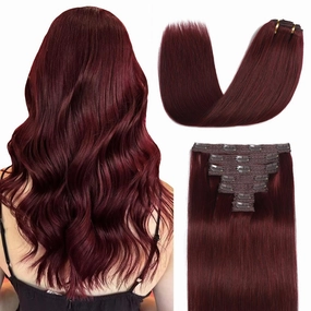 Sisily Clip in Hair Extensions Real Human Hair, Premium Human Hair Clip in Extensions Burgundy Red, Soft Straight Hair Extensions Real Human Hair Clip ins 7PCS Double Weft（14 Inch）