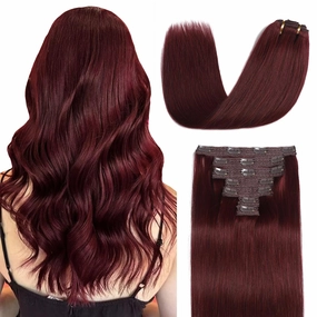 Sisily Clip in Hair Extensions Real Human Hair, Premium Human Hair Clip in Extensions Burgundy Red, Soft Straight Hair Extensions Real Human Hair Clip ins 7PCS Double Weft（16 Inch）