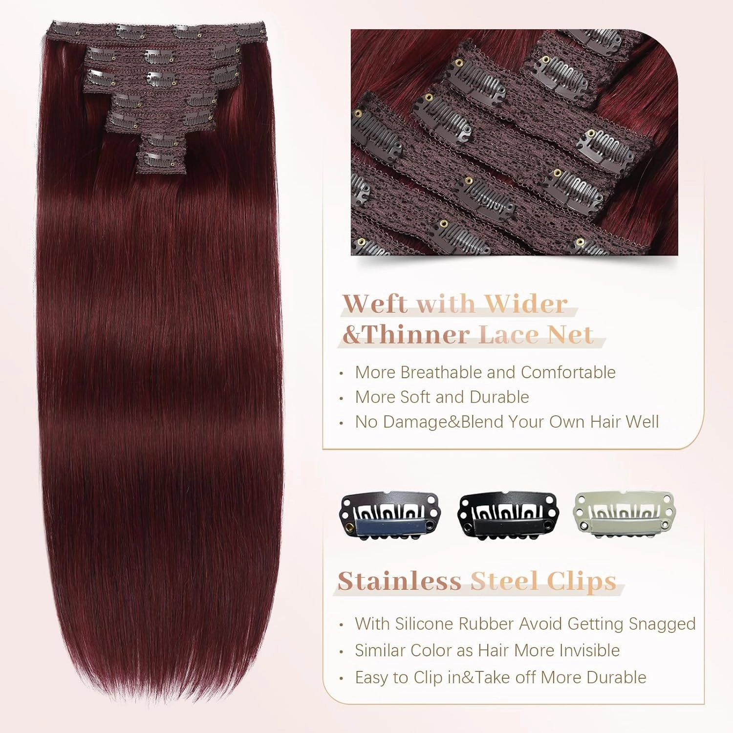 Sisily Clip in Hair Extensions Real Human Hair, Premium Human Hair Clip in Extensions Burgundy Red, Soft Straight Hair Extensions Real Human Hair Clip ins 7PCS Double Weft（16 Inch）