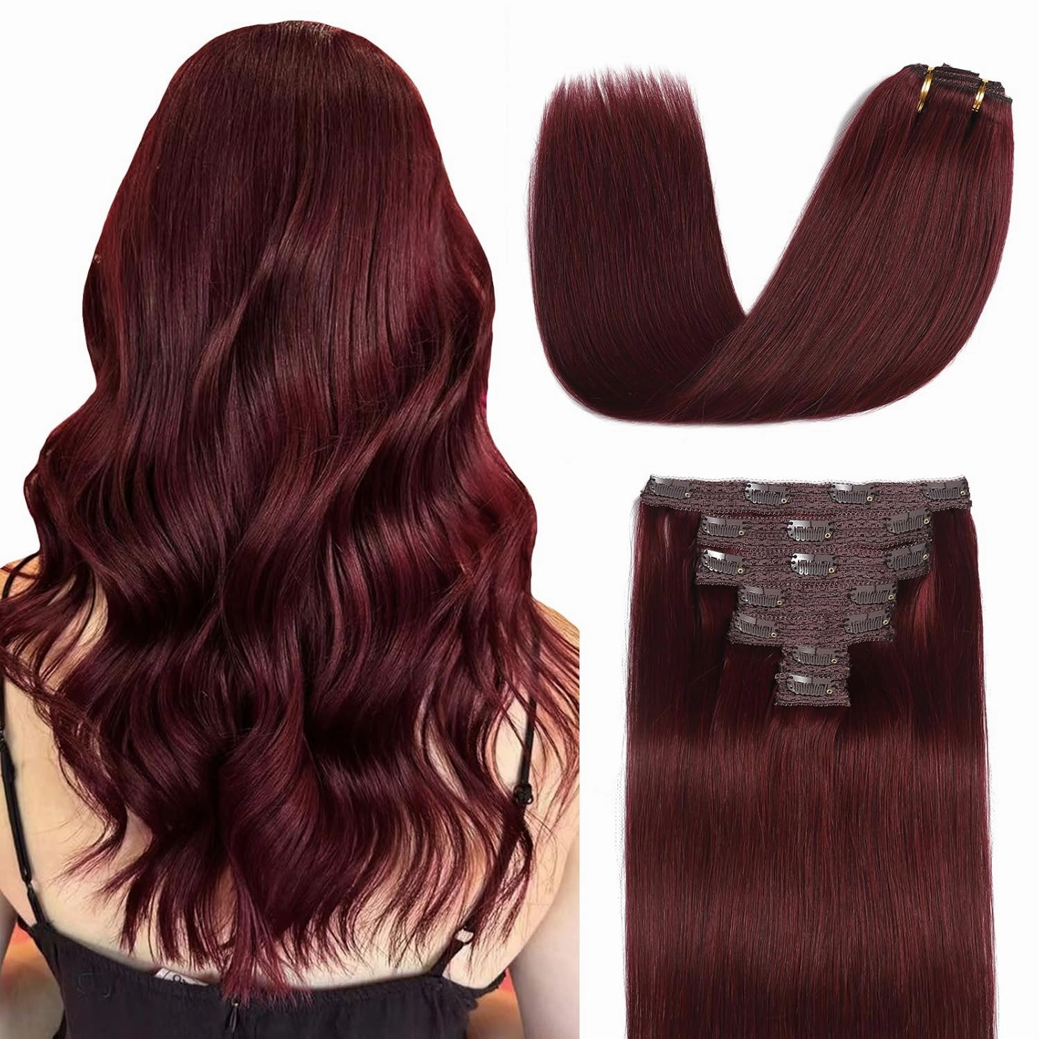 Sisily Clip in Hair Extensions Real Human Hair, Premium Human Hair Clip in Extensions Burgundy Red, Soft Straight Hair Extensions Real Human Hair Clip ins 7PCS Double Weft（16 Inch）