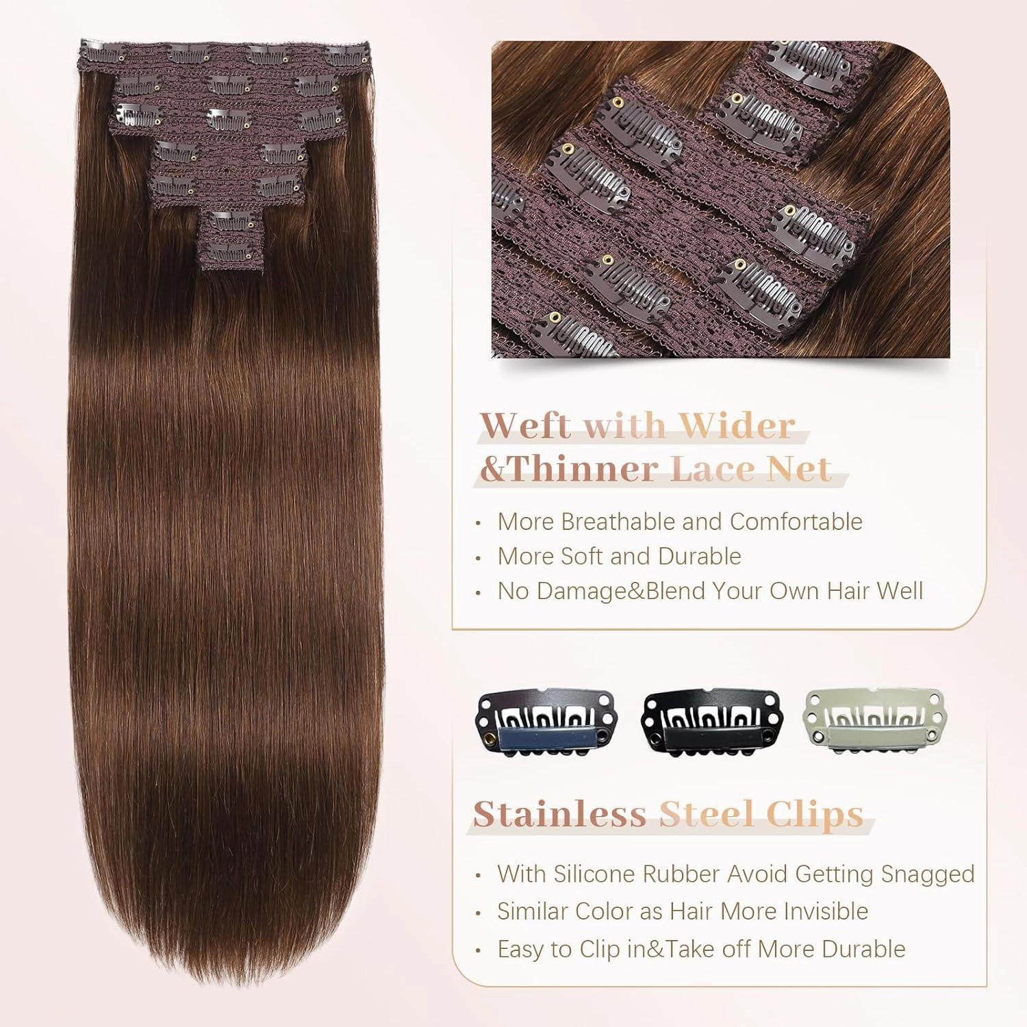 Sisily Clip in Hair Extensions Real Human Hair, Premium Human Hair Clip in Extensions Chocolate Brown, Soft Straight Hair Extensions Real Human Hair Clip ins 7PCS Double Weft（14 Inch #4）