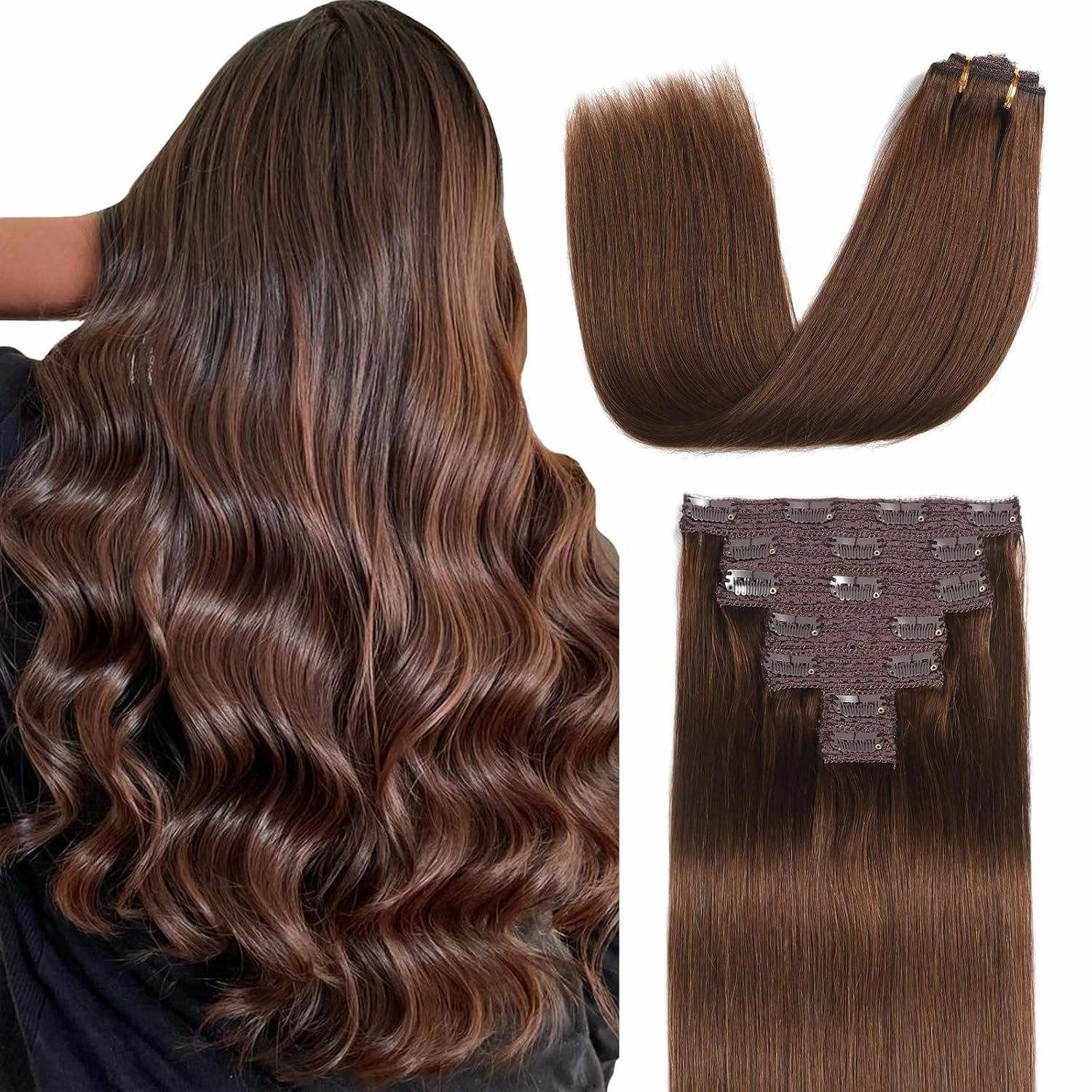 Sisily Clip in Hair Extensions Real Human Hair, Premium Human Hair Clip in Extensions Chocolate Brown, Soft Straight Hair Extensions Real Human Hair Clip ins 7PCS Double Weft（14 Inch #4）