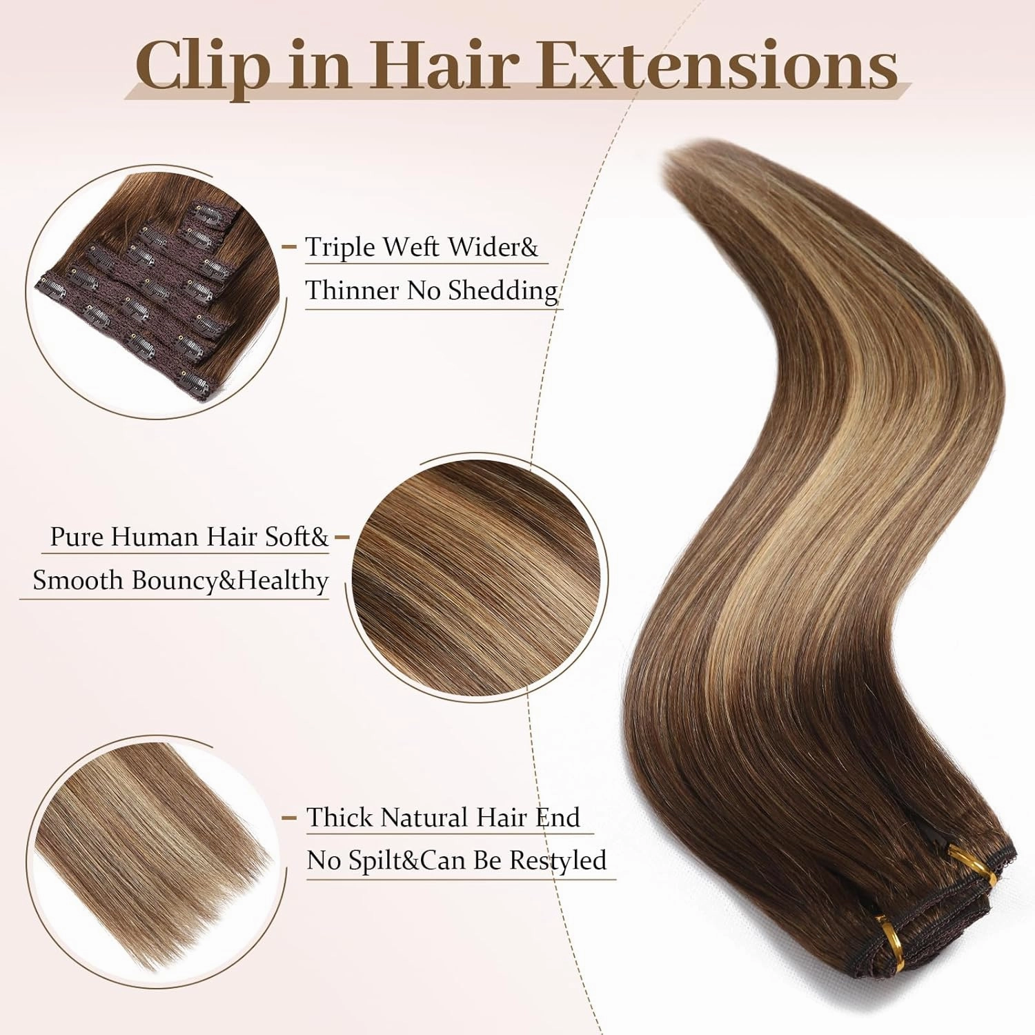 Sisily Clip in Hair Extensions Real Human Hair, Premium Human Hair Clip in Extensions Chocolate Brown to Blonde Balayage, Soft Straight Hair Extensions Real Human Hair Clip ins 7PCS （16 Inch）