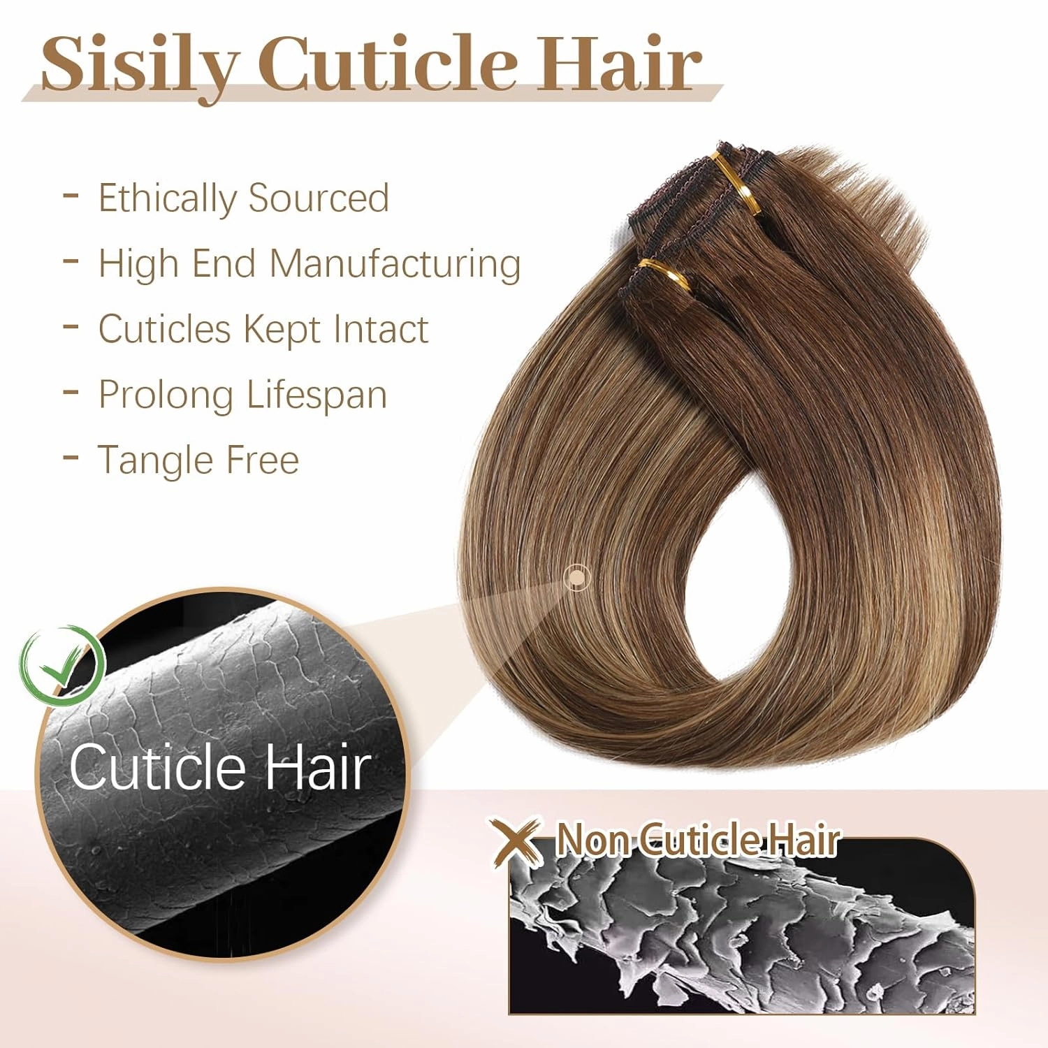 Sisily Clip in Hair Extensions Real Human Hair, Premium Human Hair Clip in Extensions Chocolate Brown to Blonde Balayage, Soft Straight Hair Extensions Real Human Hair Clip ins 7PCS （16 Inch）