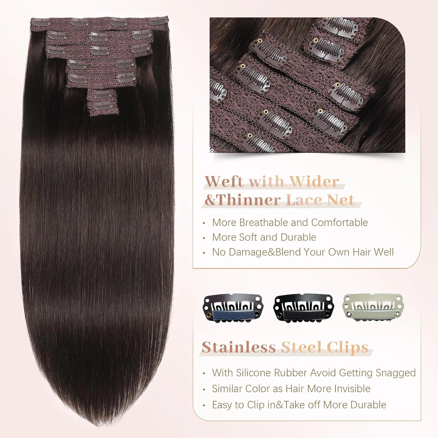 Sisily Clip in Hair Extensions Real Human Hair, Premium Human Hair Clip in Extensions Dark Brown, Soft Straight Hair Extensions Real Human Hair Clip ins 7PCS Double Weft（14 Inch #2）