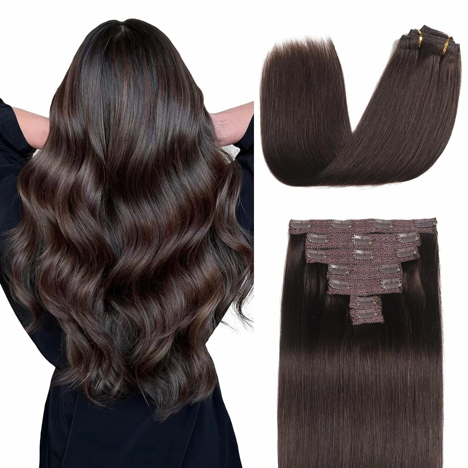 Sisily Clip in Hair Extensions Real Human Hair, Premium Human Hair Clip in Extensions Dark Brown, Soft Straight Hair Extensions Real Human Hair Clip ins 7PCS Double Weft（14 Inch #2）