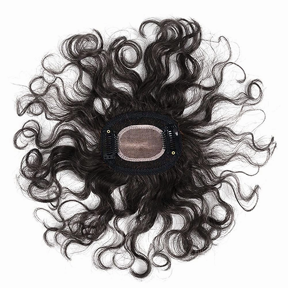 Small Area Wiglets Hairpiece 7x8cm Hand Tied Curly Human Hair Topper Real Hair Piece Invisible Lasting Wave Hair Topper for Women with Thinning Hair Free Part(12" Natural Black)