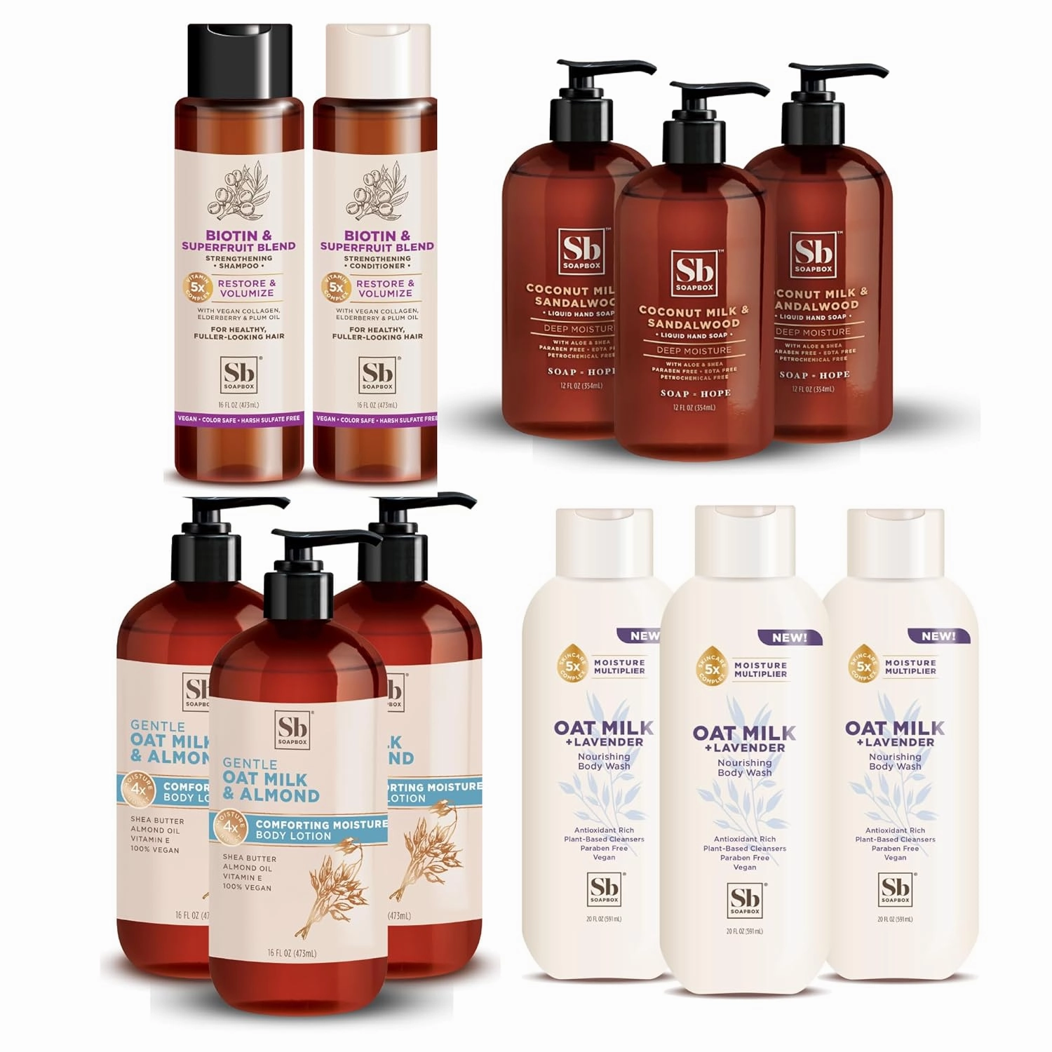 Soapbox Moisturizing Hand Soap, Biotin Shampoo and Conditioner, Oat Milk Lavender Body Wash, Almond Lotion - Ultimate Combo Pack