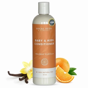 SoCal Suds & Company - Organic Baby & Kids Conditioner - Moisture Baby Hair Conditioner - Gentle Natural Vitamin Rich Ingredient Organic Oils for Babies and Kids Sensitive Scalp - Orange Vanilla 12oz