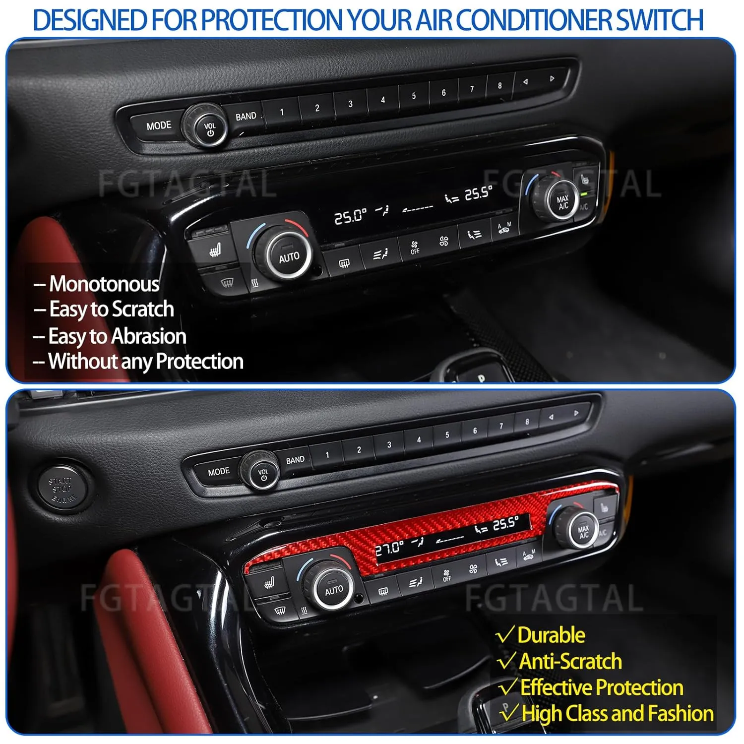 Soft Carbon Fiber Air Conditioner Switch Panel Trim Frame Fit for Toyota Supra GR A90 A91 MK5 2019-2024, Center Console AC Panel Decoration Frame Trim, 1 PCS (Red)