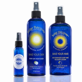 Solar Recover After Sun Moisturizing Spray & Hair Detangler Combo (3 Pack) - 12oz Full Size   2oz Travel Size Hydrating Facial and Body Mist for Sunburn Relief   8oz All Natural Leave-In Conditioner