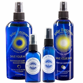 Solar Recover After Sun Moisturizing Spray & Hair Detangler Travel Size 4 Pack Combo - 12oz   2oz Hydrating Facial & Body Mist for Sunburn Relief, 8 oz   2oz All Natural Leave-In Conditioner Hair Care
