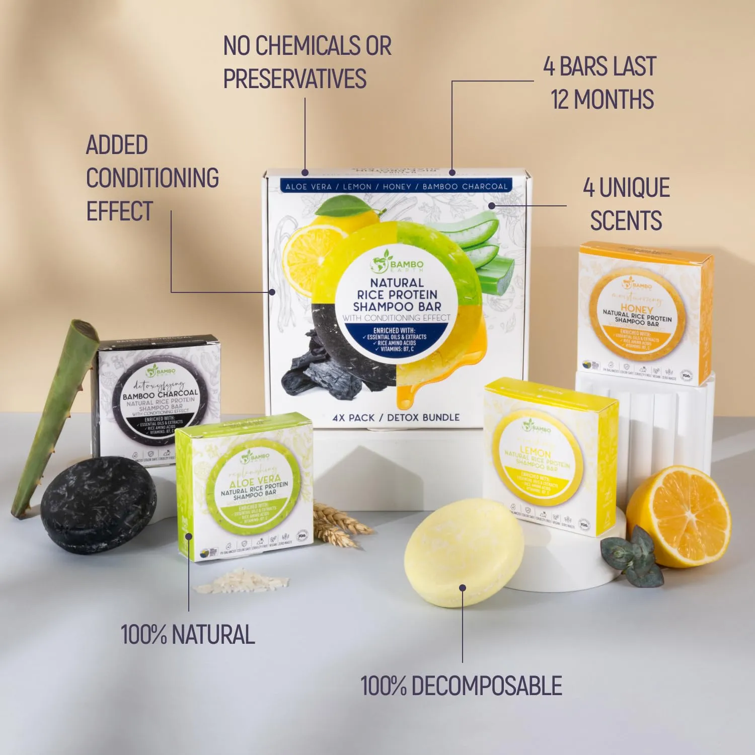 Solid Rice Protein Water Shampoo Bar With Conditioner Effect Hair Soap – Shampoo Bars For Hair With All Natural Plant Based Essential Oils And Zero Waste Packaging | Detox Bundle Bundle 4 Pack