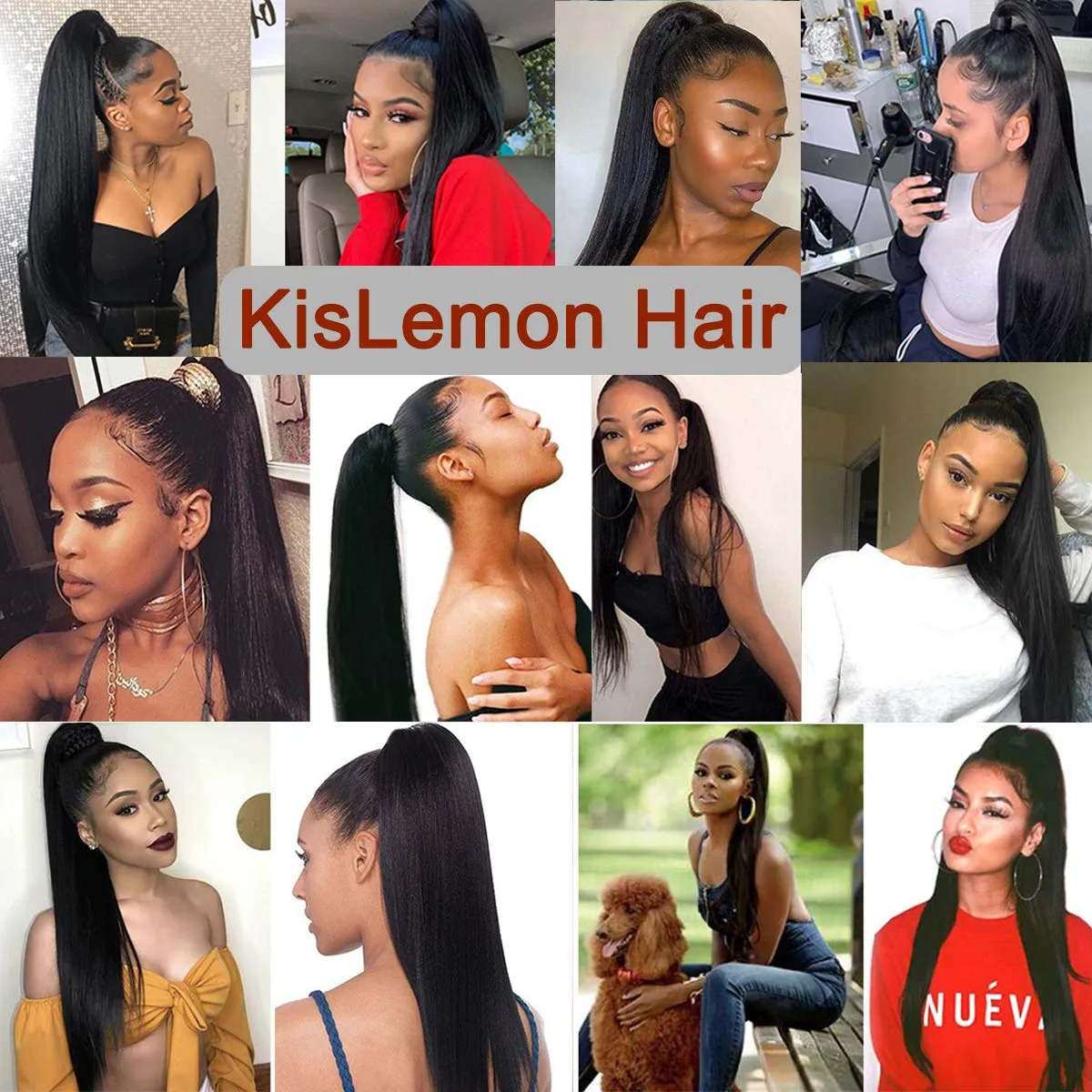 Straight Human Hair Ponytail Drawstring 100% Remy Ponytails Extension for Women Brazilian Straight Hair Natural Color, 10A Remy Clip In Ponytail Hairpiece(16 Inch, Straight, Wrap Drawstring)