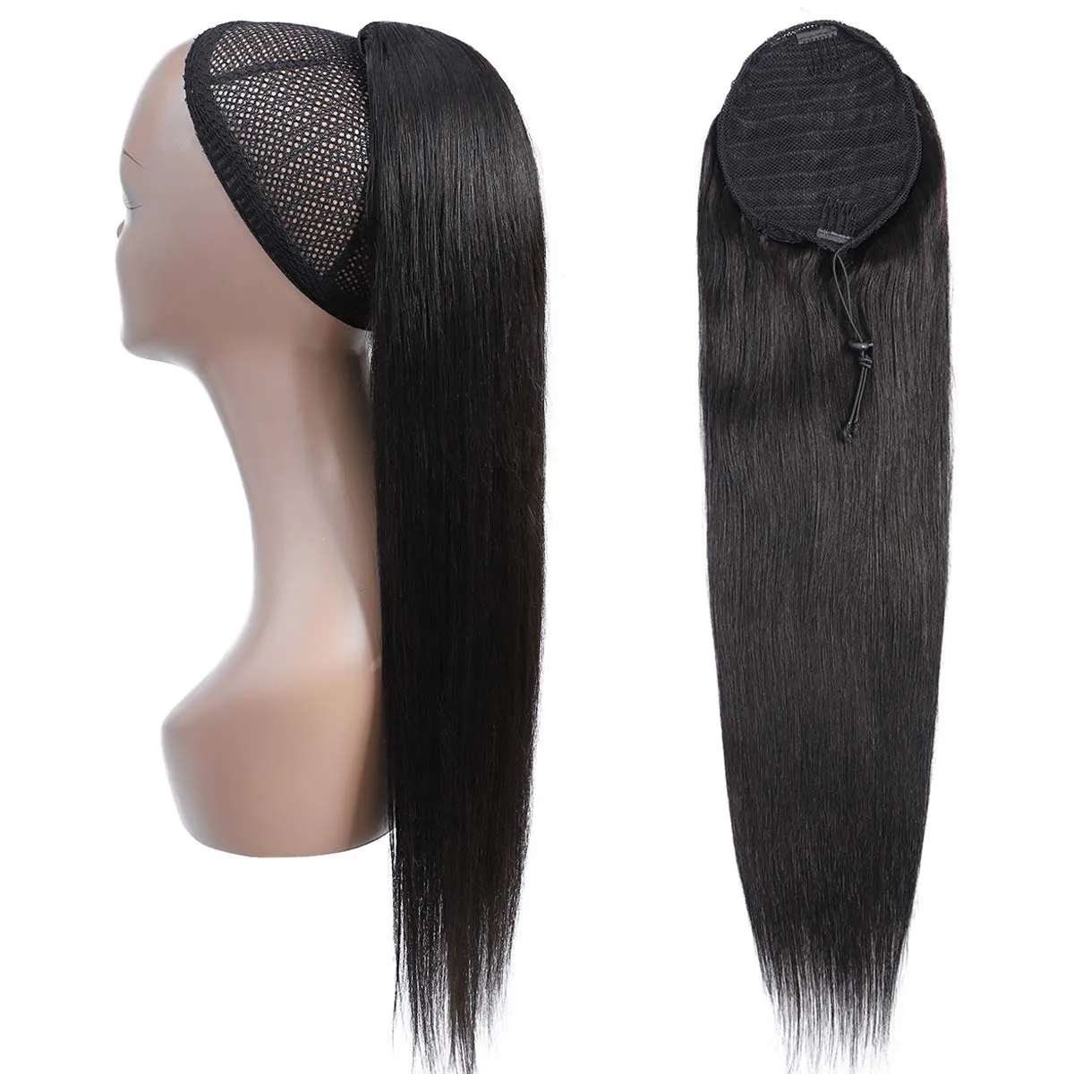 Straight Human Hair Ponytail Drawstring 100% Remy Ponytails Extension for Women Brazilian Straight Hair Natural Color, 10A Remy Clip In Ponytail Hairpiece(16 Inch, Straight, Wrap Drawstring)