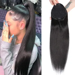 Straight Human Hair Ponytail Drawstring 100% Remy Ponytails Extension for Women Brazilian Straight Hair Natural Color, 10A Remy Clip In Ponytail Hairpiece(16 Inch, Straight, Wrap Drawstring)