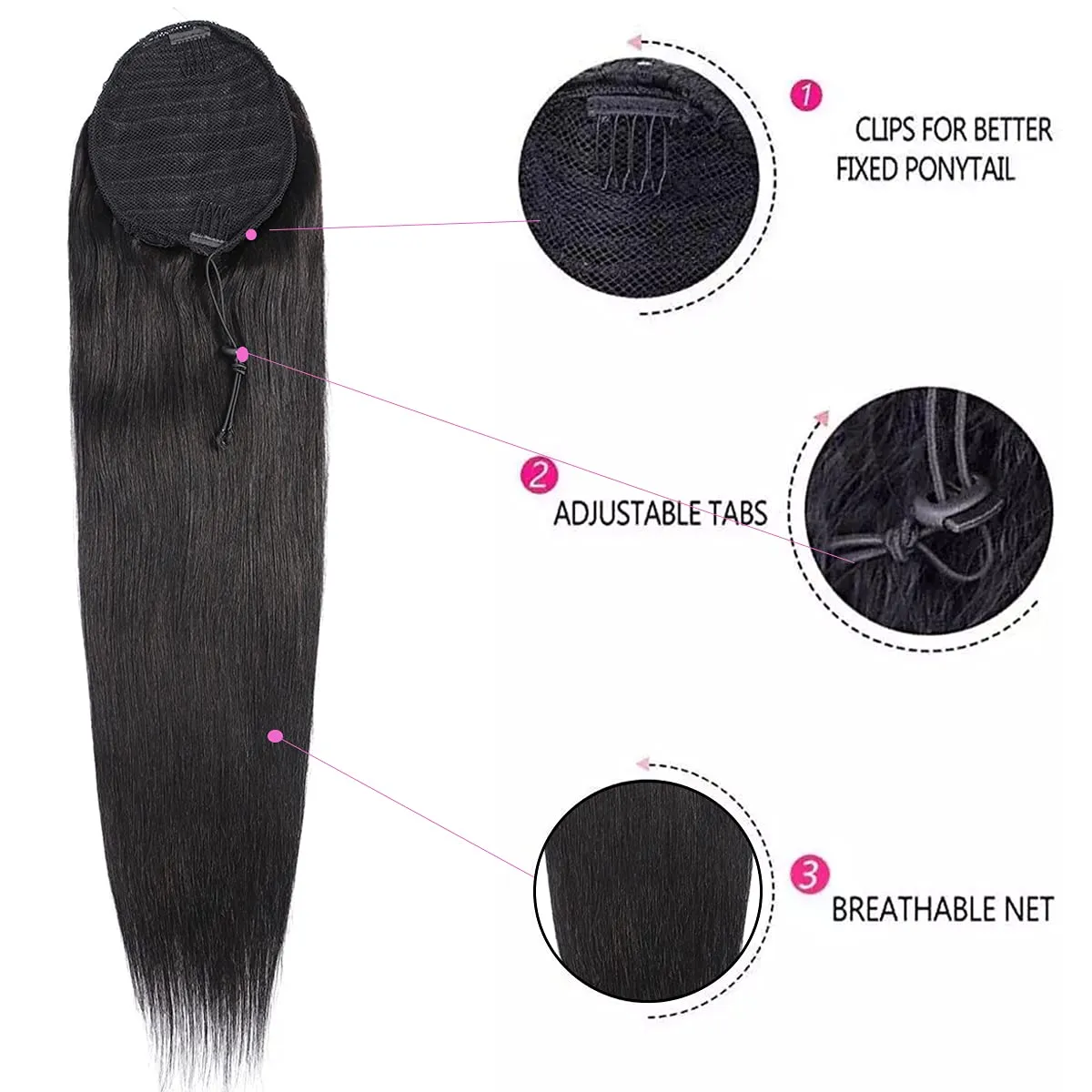 Straight Human Hair Ponytail Drawstring 100% Remy Ponytails Extension for Women Brazilian Straight Hair Natural Color, 10A Remy Clip In Ponytail Hairpiece(16 Inch, Straight, Wrap Drawstring)