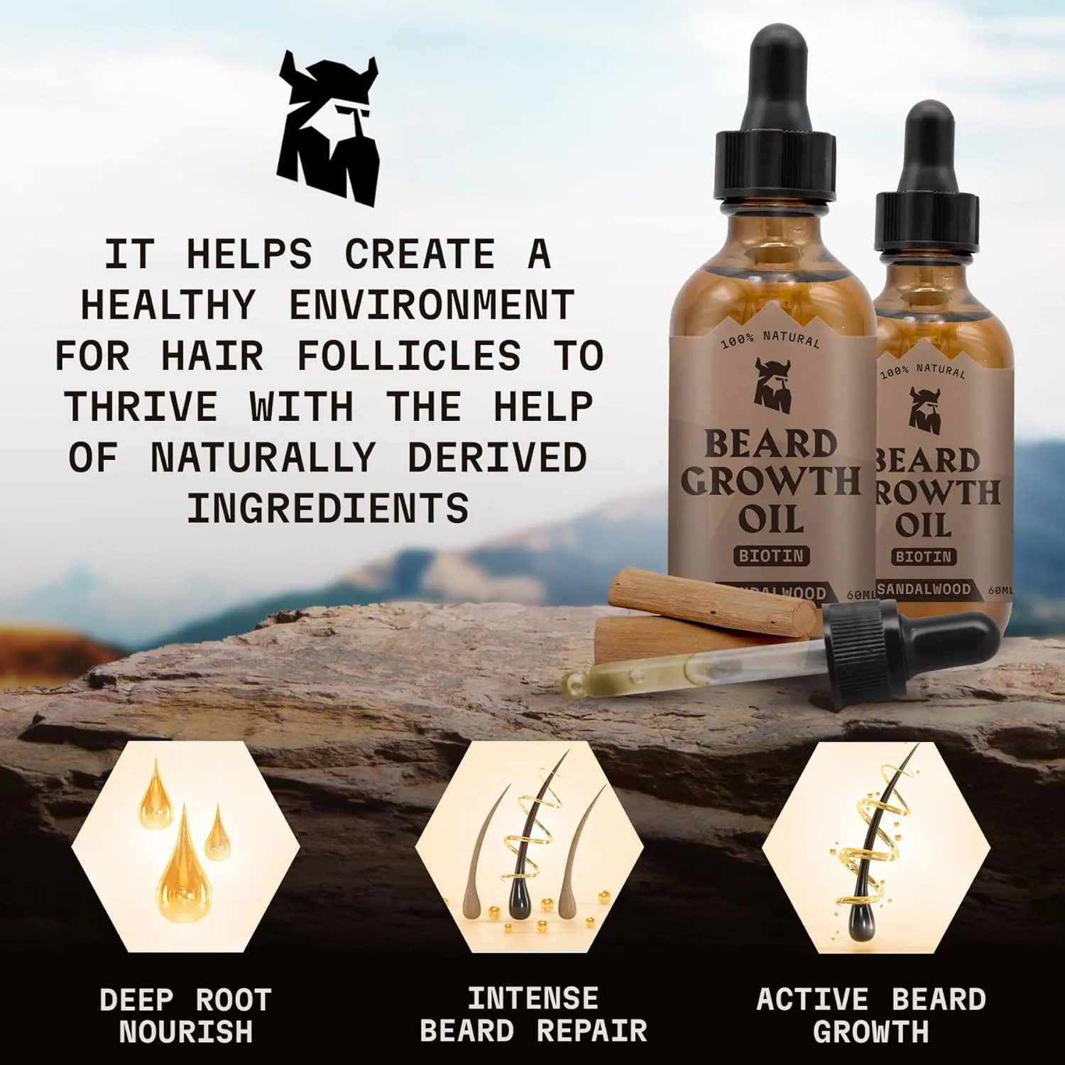 Striking Viking Beard Growth Oil with Biotin - 2 Fl Oz, 2 Pack, Sandalwood - Thickening & Conditioning Biotin Beard Growth Serum for Men with Argan & Jojoba Oil - Facial Hair Serum for Men