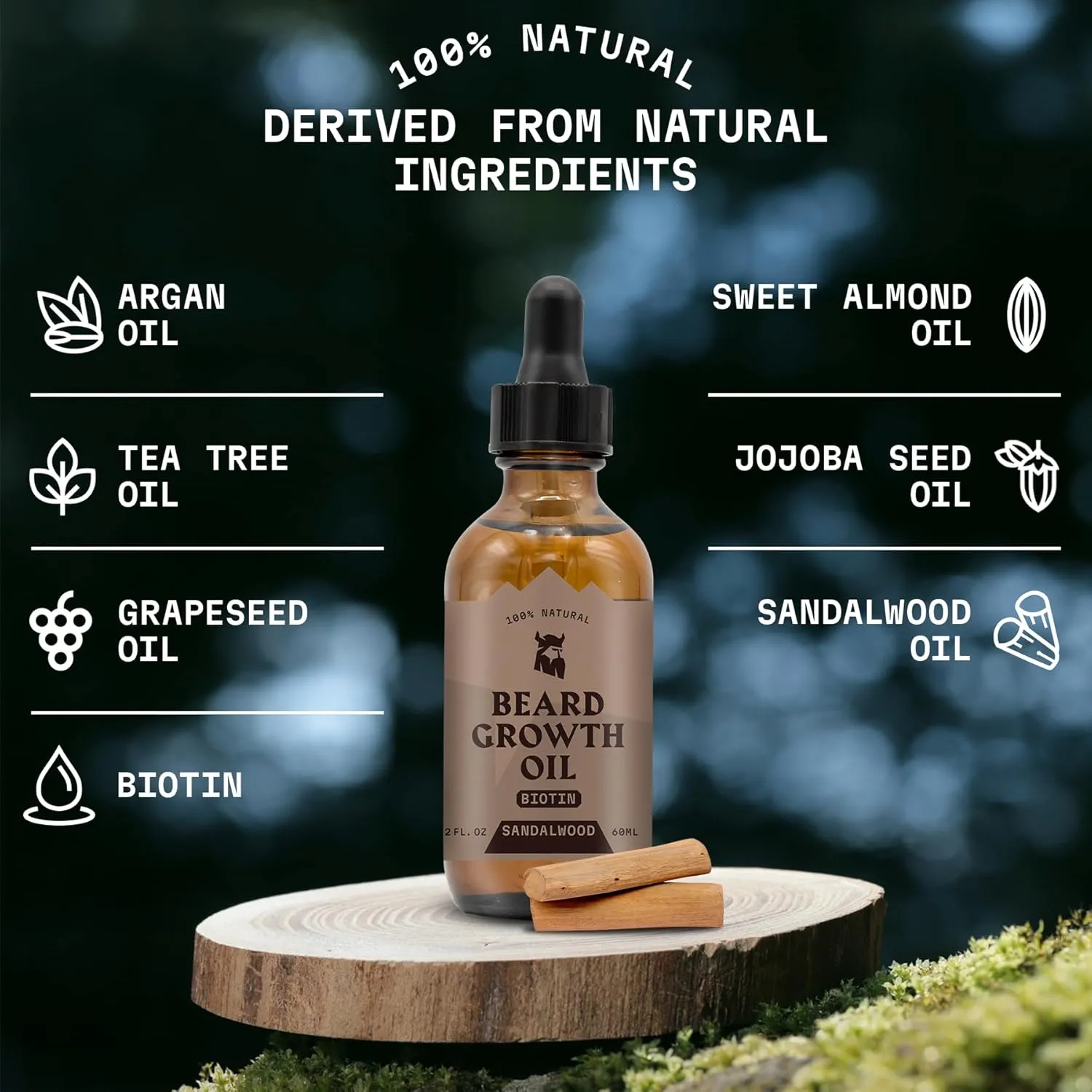 Striking Viking Beard Growth Oil with Biotin - 2 Fl Oz, 2 Pack, Sandalwood - Thickening & Conditioning Biotin Beard Growth Serum for Men with Argan & Jojoba Oil - Facial Hair Serum for Men