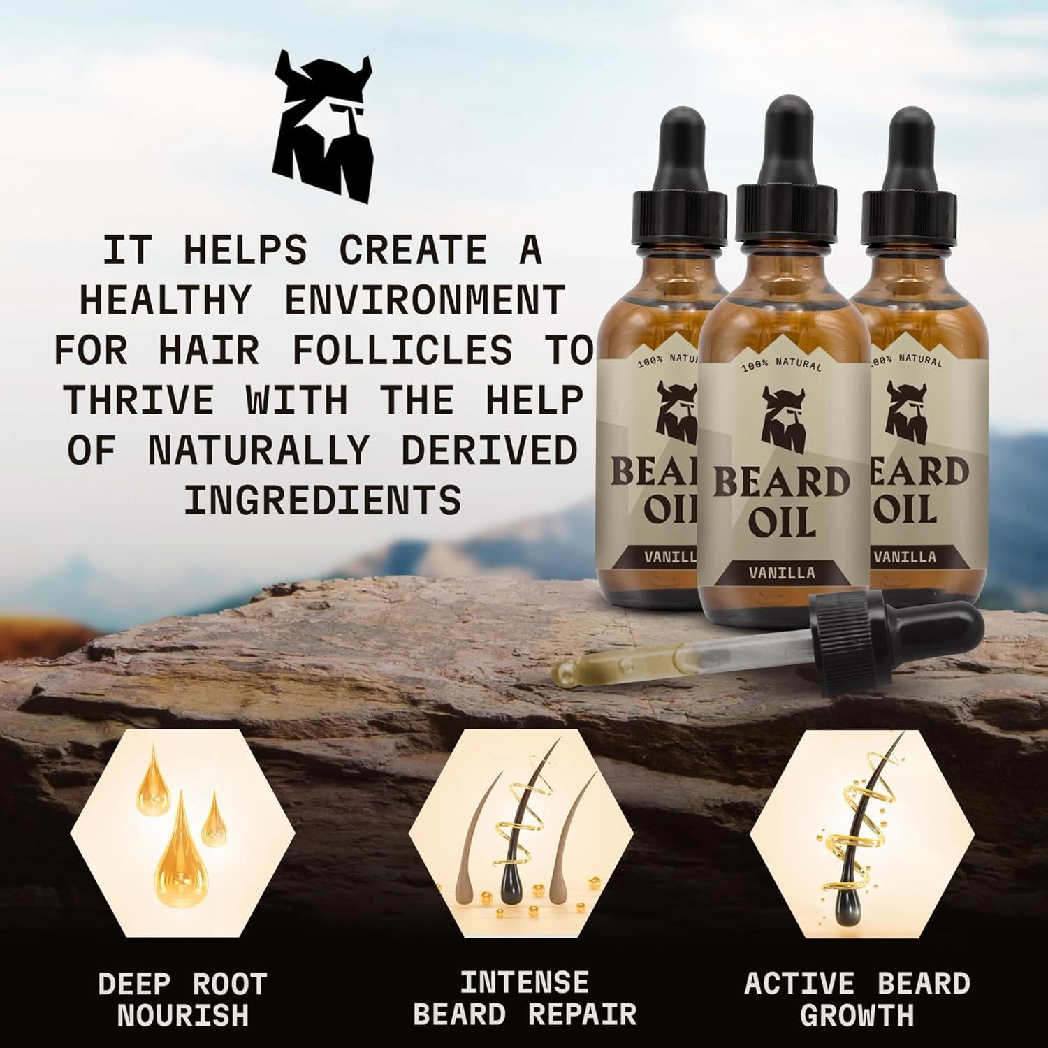 Striking Viking Beard Oil for Men - 2 Fl Oz, 3 Pack, Vanilla Scent - Naturally Derived Conditioner with Almond, Tea Tree, Argan & Jojoba Oil for Beard Growth, Softening & Moisturizing