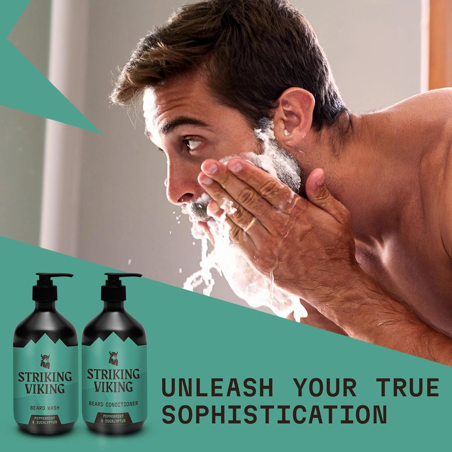 Striking Viking Beard Wash and Conditioner - 10 Fl Oz per Bottle, Peppermint & Eucalyptus - Paraben & Sulfate Free, with Jojoba Oil - Deep Clean Beard Shampoo & Conditioner - All Facial Hair Types