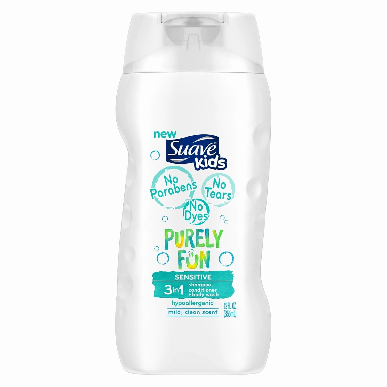 Suave Kids 3 in 1 Shampoo Conditioner Body Wash, Purely Fun Sensitive, 12 oz