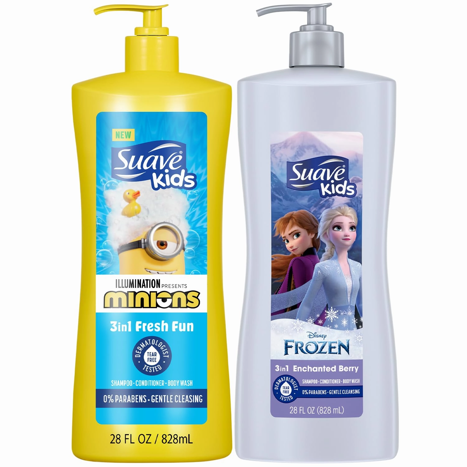 Suave Kids 3-in-1 Variety 2-Pack – Minions Fresh Fun   Frozen Elsa Berry Flurry Tear-Free Shampoo, Conditioner & Body Wash, 28 Oz Ea