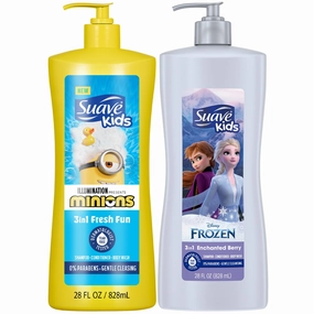 Suave Kids 3-in-1 Variety 2-Pack – Minions Fresh Fun   Frozen Elsa Berry Flurry Tear-Free Shampoo, Conditioner & Body Wash, 28 Oz Ea
