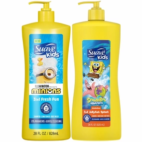 Suave Kids 3-in-1 Variety 2-Pack – Minions Fresh Fun   SpongeBob SquarePants JellyFish Splash Tear-Free Shampoo, Conditioner & Body Wash, 28 Oz Ea