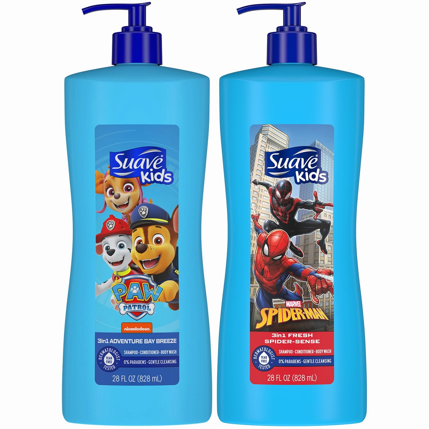 Suave Kids 3-in-1 Variety 2-Pack – Spiderman Fresh Spider-Sense & Paw Patrol Adventure Bay Breeze, Shampoo, Conditioner & Body Wash, 28 Oz Ea