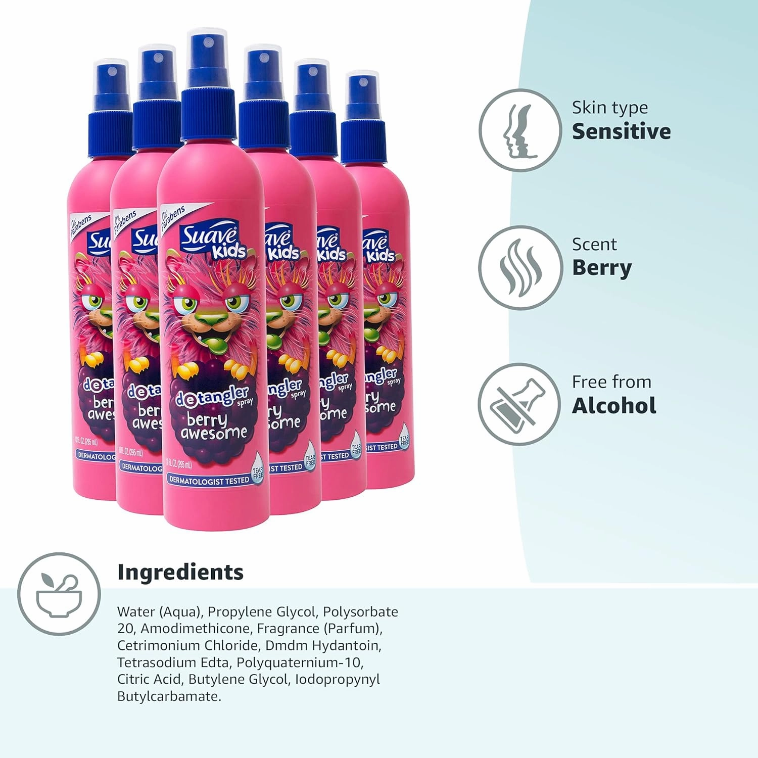 Suave Kids Detangler Spray For Tear-Free Styling, Berry Awesome Dermatologist-Tested Hair Detangler Formula 10 oz, Pack of 6