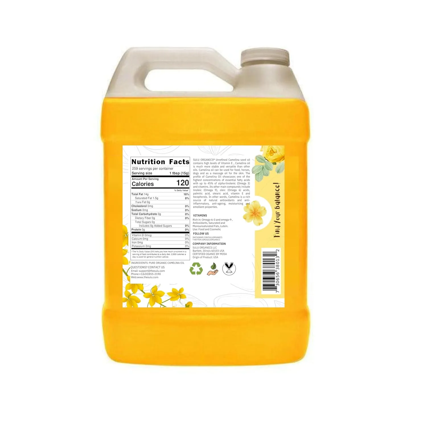 SULU ORGANICS 100% Pure Extra Virgin USDA Organic Unrefined Cold Pressed Camelina Seed Oil 1 Gallon (128 FL.OZ)