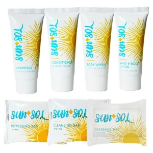 Sun   Sol Mini Size Hotel Toiletries Bathroom Kit | Warm Coconut & Vanilla | Shampoo, Conditioner, Body Wash, Lotion, Cleansing Bar, Refreshing Soap Bar and Moisturizing Massage Bar