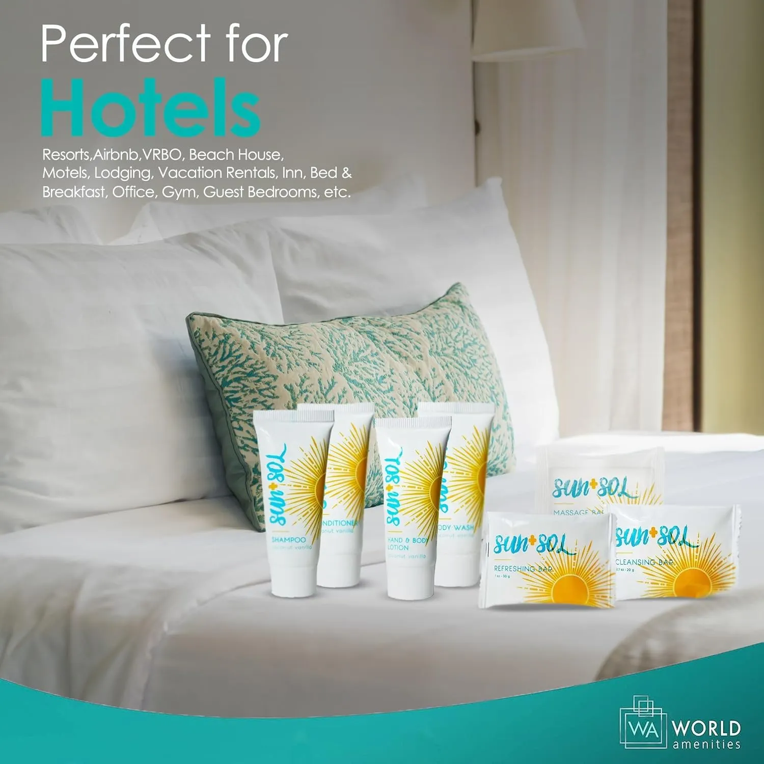 Sun   Sol Mini Size Hotel Toiletries Bathroom Kit | Warm Coconut & Vanilla | Shampoo, Conditioner, Body Wash, Lotion, Cleansing Bar, Refreshing Soap Bar and Moisturizing Massage Bar