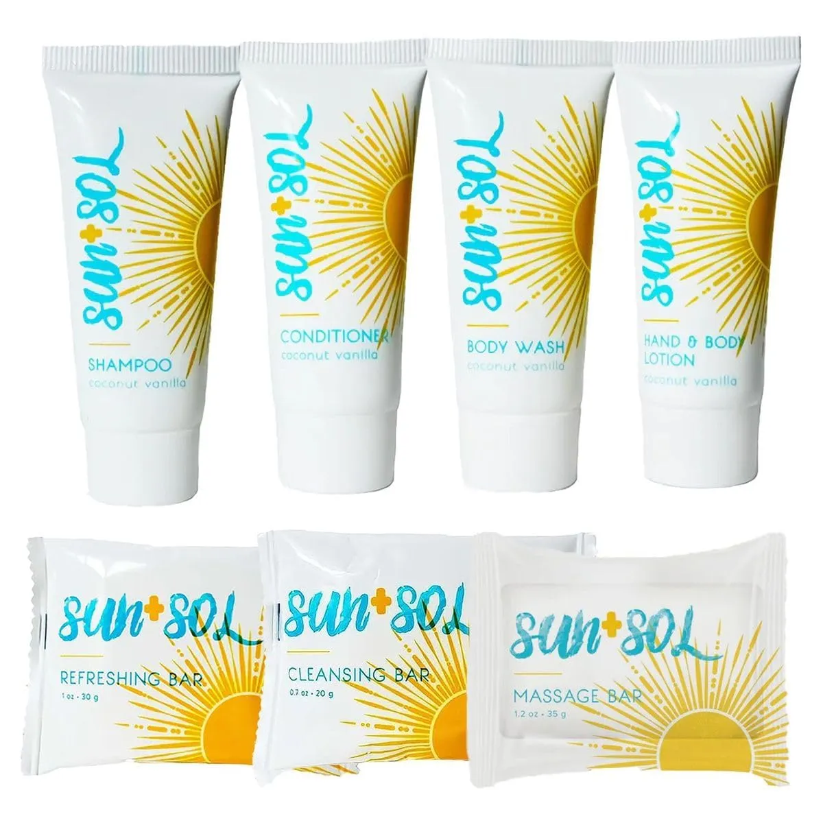 Sun   Sol Mini Size Hotel Toiletries Bathroom Kit | Warm Coconut & Vanilla | Shampoo, Conditioner, Body Wash, Lotion, Cleansing Bar, Refreshing Soap Bar and Moisturizing Massage Bar