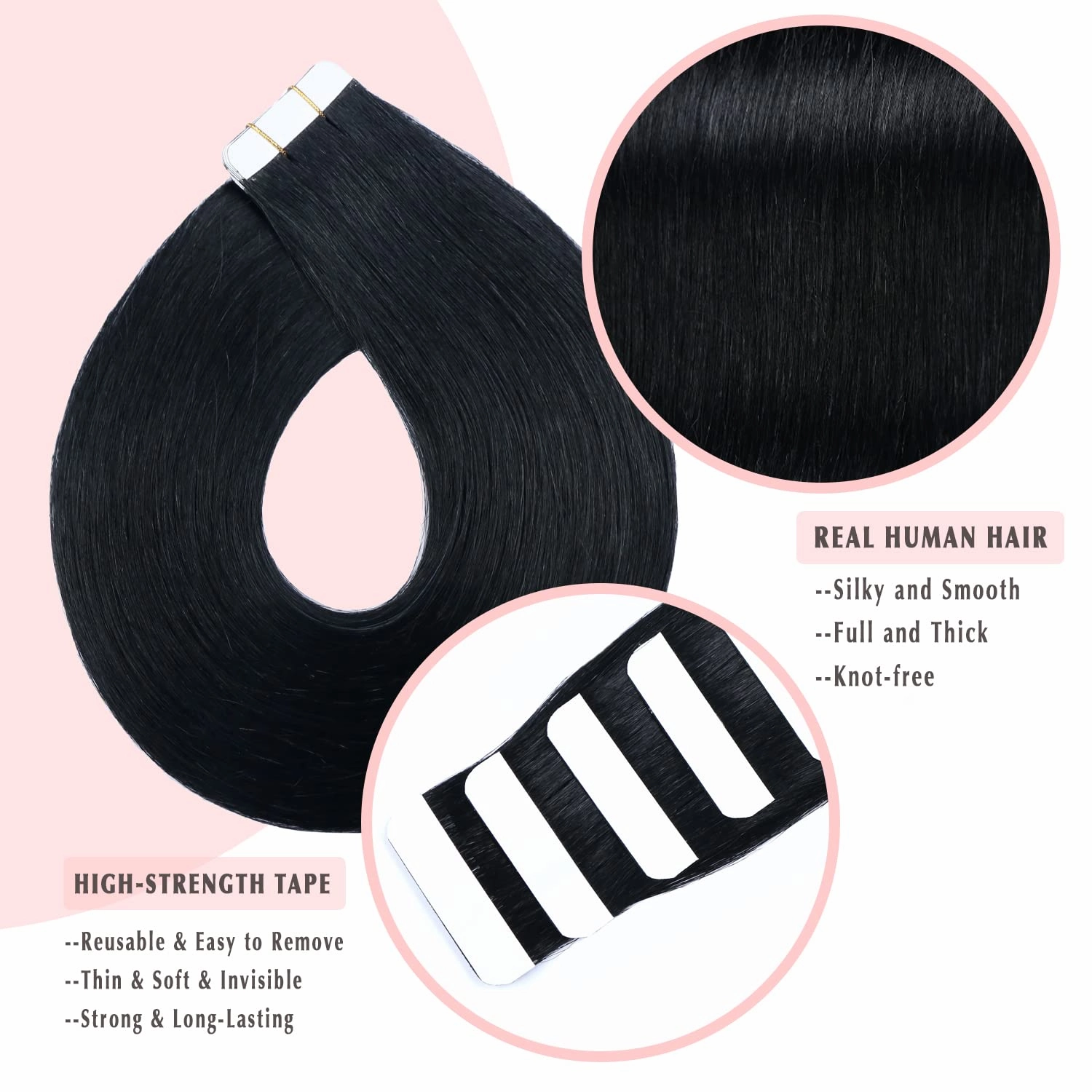 SURNEL Tape in Hair Extension Human Hair Double Drawn Tape Hair Extensions Color 1 Jet Black Remy Tape in Human Hair Extensions 20 inch 20pcs 50g(#1-20)