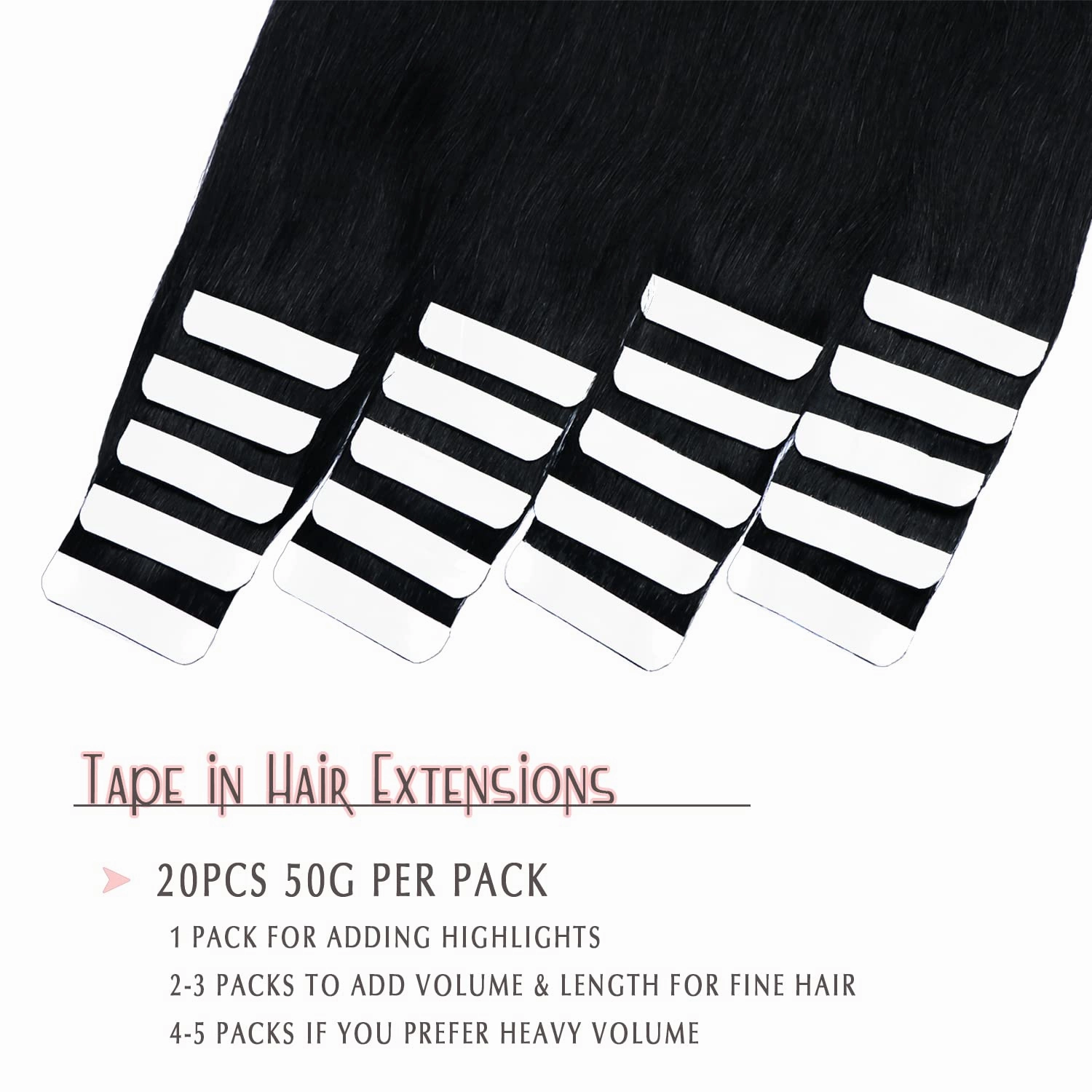 SURNEL Tape in Hair Extension Human Hair Double Drawn Tape Hair Extensions Color 1 Jet Black Remy Tape in Human Hair Extensions 20 inch 20pcs 50g(#1-20)
