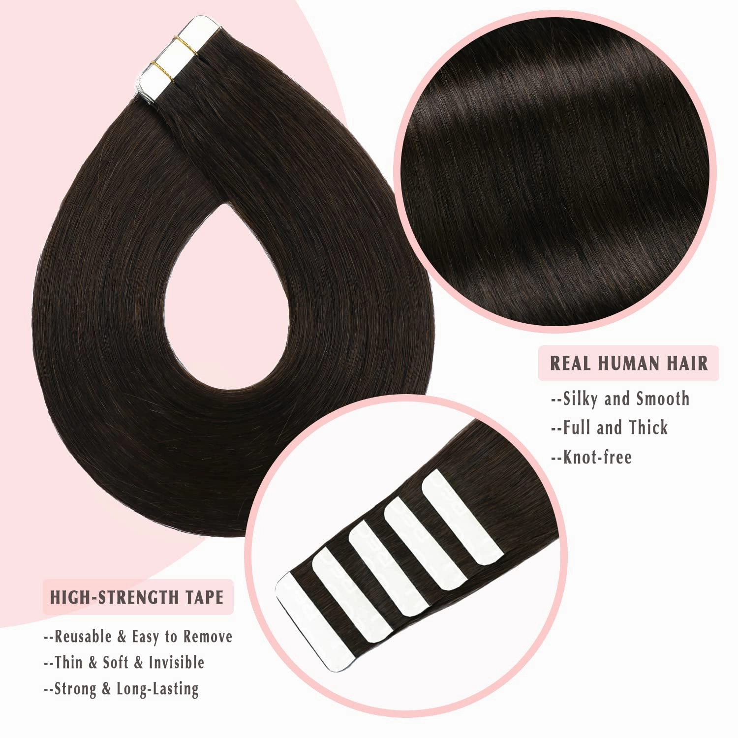 SURNEL Tape in Hair Extensions Human Hair Color 2 Darkest Brown Tape in Hair 20 inch Tape in Hair Extensions 20 pcs 50g(#2-20)