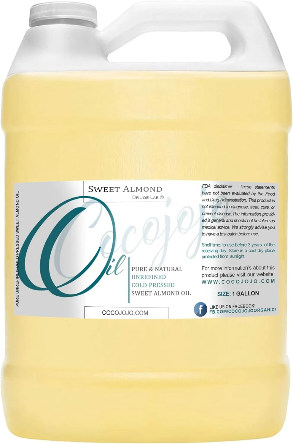 Sweet Almond Oil 1 Gallon 100% Pure Natural Cold Pressed Unrefined Extra Virgin 128 fl oz - for Hair Skin Body Nail and Beard Carrier Oil for Essential Oils - Moisturizing, Hydrating, & Nourishing
