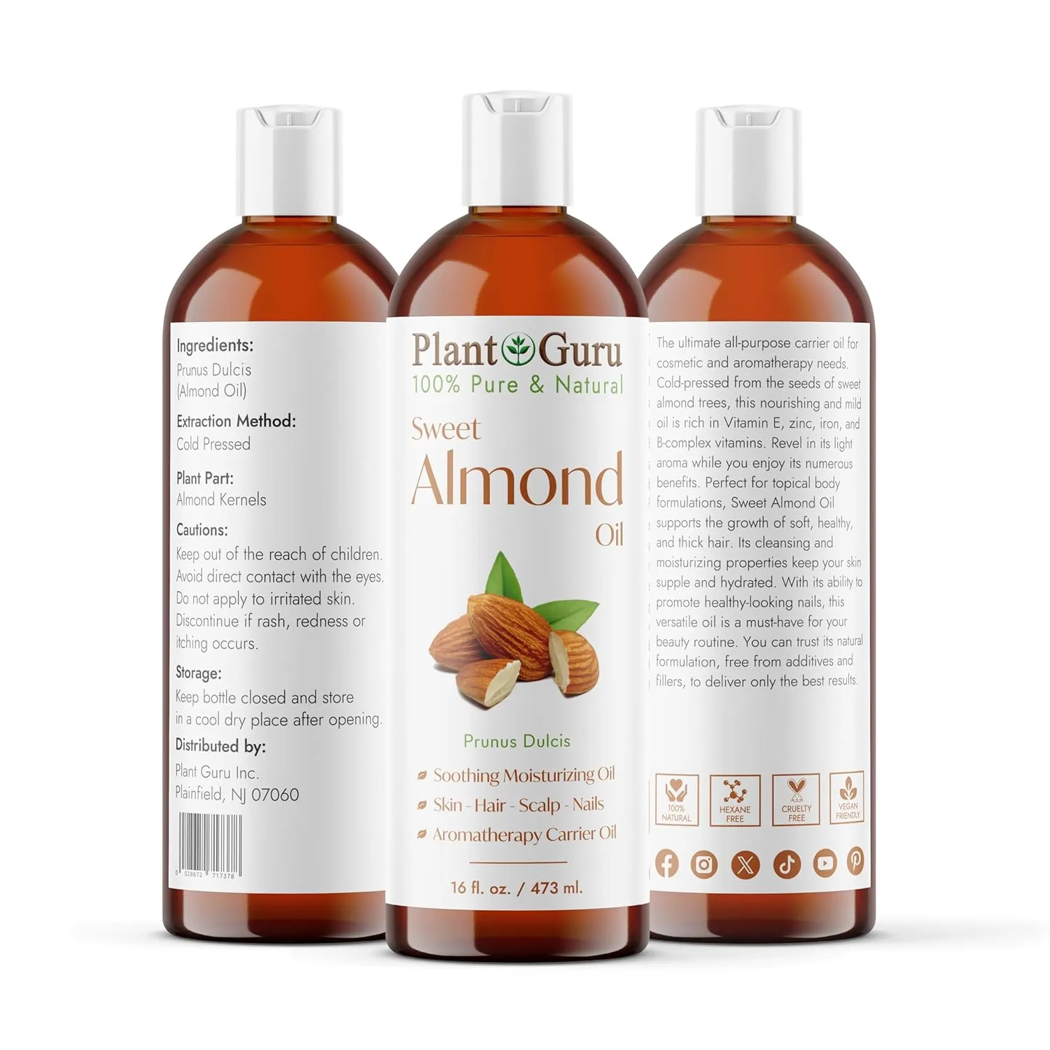 Sweet Almond Oil 16 fl. oz. Cold Pressed Carrier 100% Pure Natural For Skin, Body, Face, and Hair Growth Moisturizer. Great For Creams, Lotions, Lip balm and Soap Making