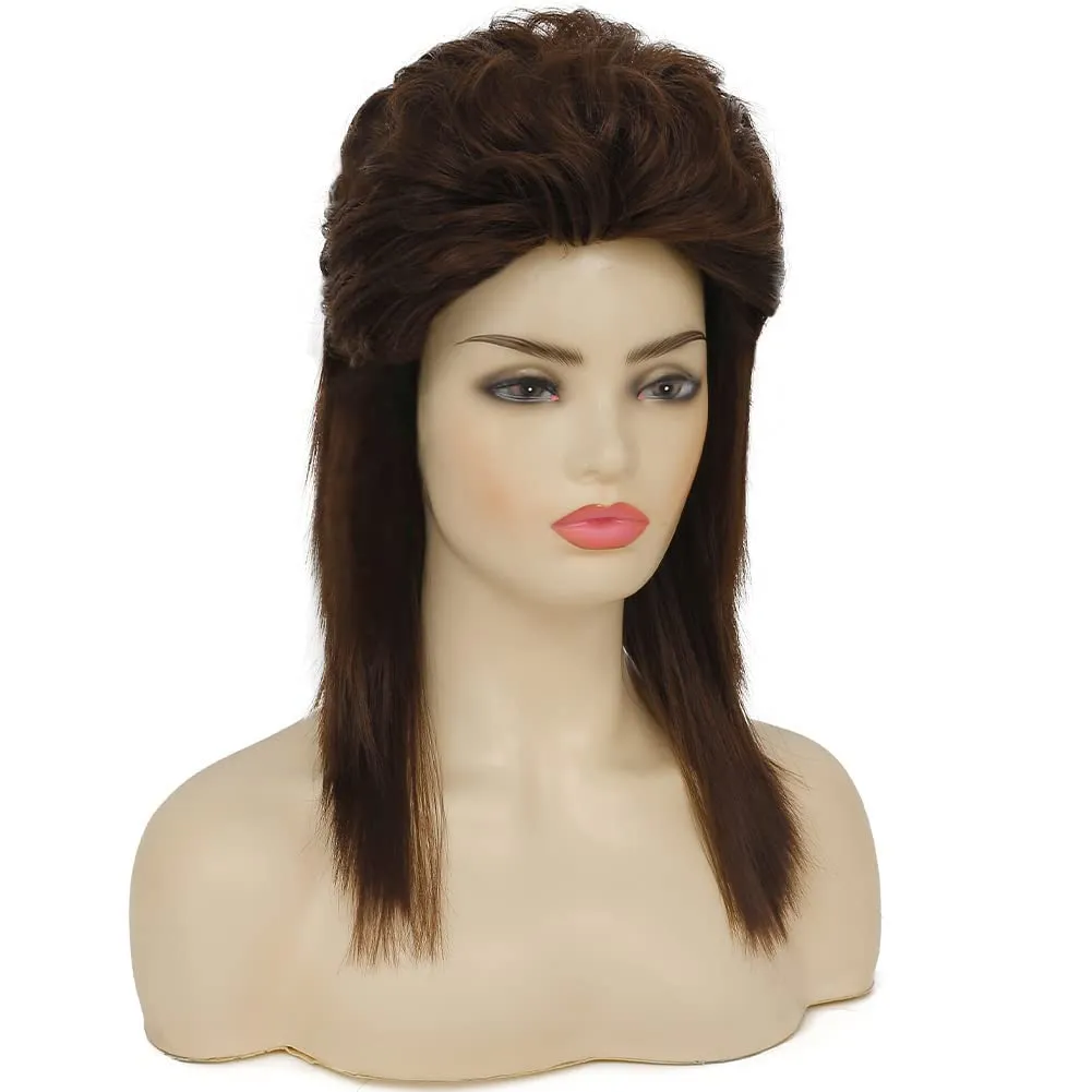 Swiking Brown Mullet Wigs for Women Curly 70s 80s Rocker Shoulder Length Hair Cosplay Synthetic Women Wigs (Brown)