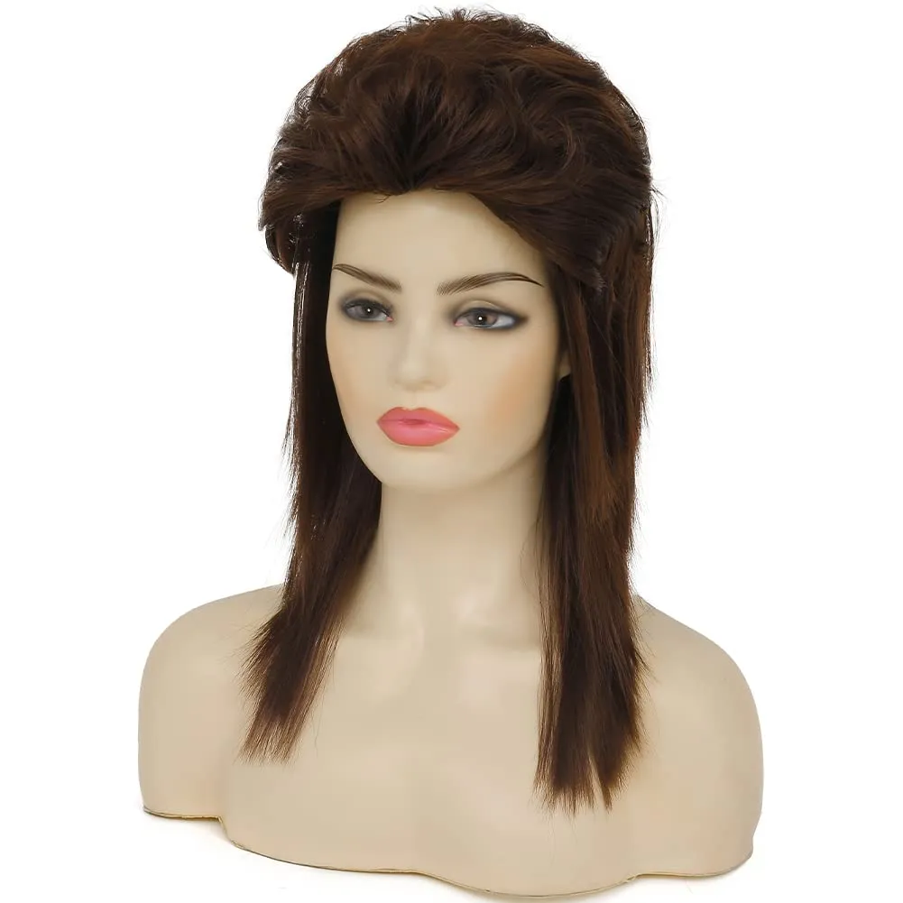 Swiking Brown Mullet Wigs for Women Curly 70s 80s Rocker Shoulder Length Hair Cosplay Synthetic Women Wigs (Brown)