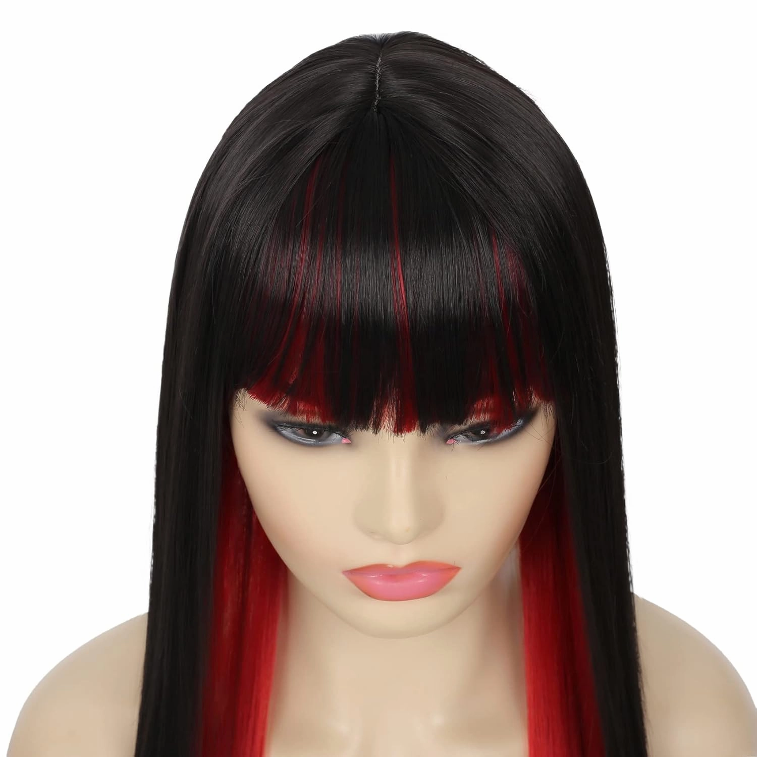 Swiking Black and Red Long Straight Wigs with Bangs for Women Two Tone Heat Resistant Synthetic Wig for Daily Cosplay Halloween Party Use