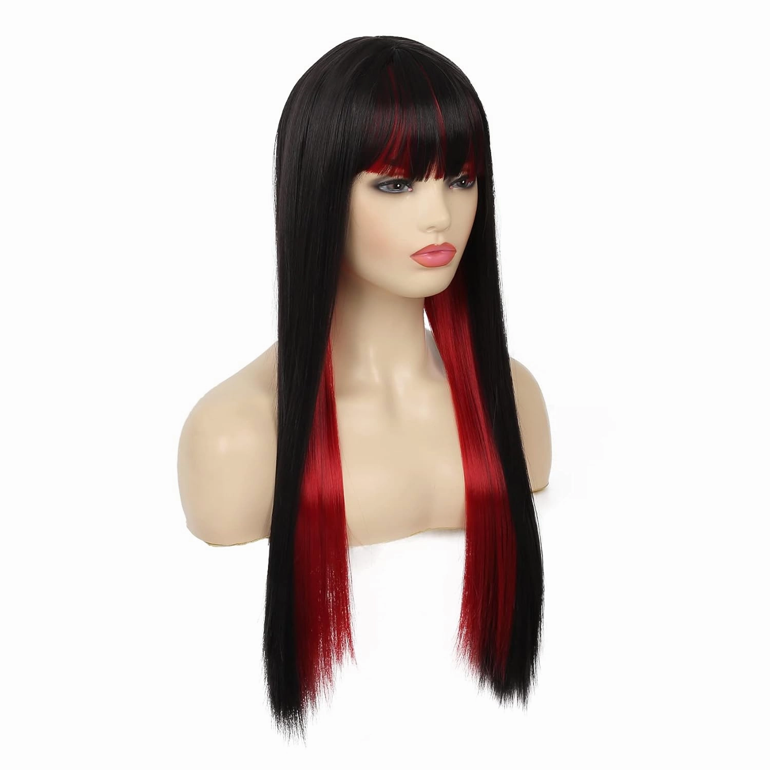 Swiking Black and Red Long Straight Wigs with Bangs for Women Two Tone Heat Resistant Synthetic Wig for Daily Cosplay Halloween Party Use