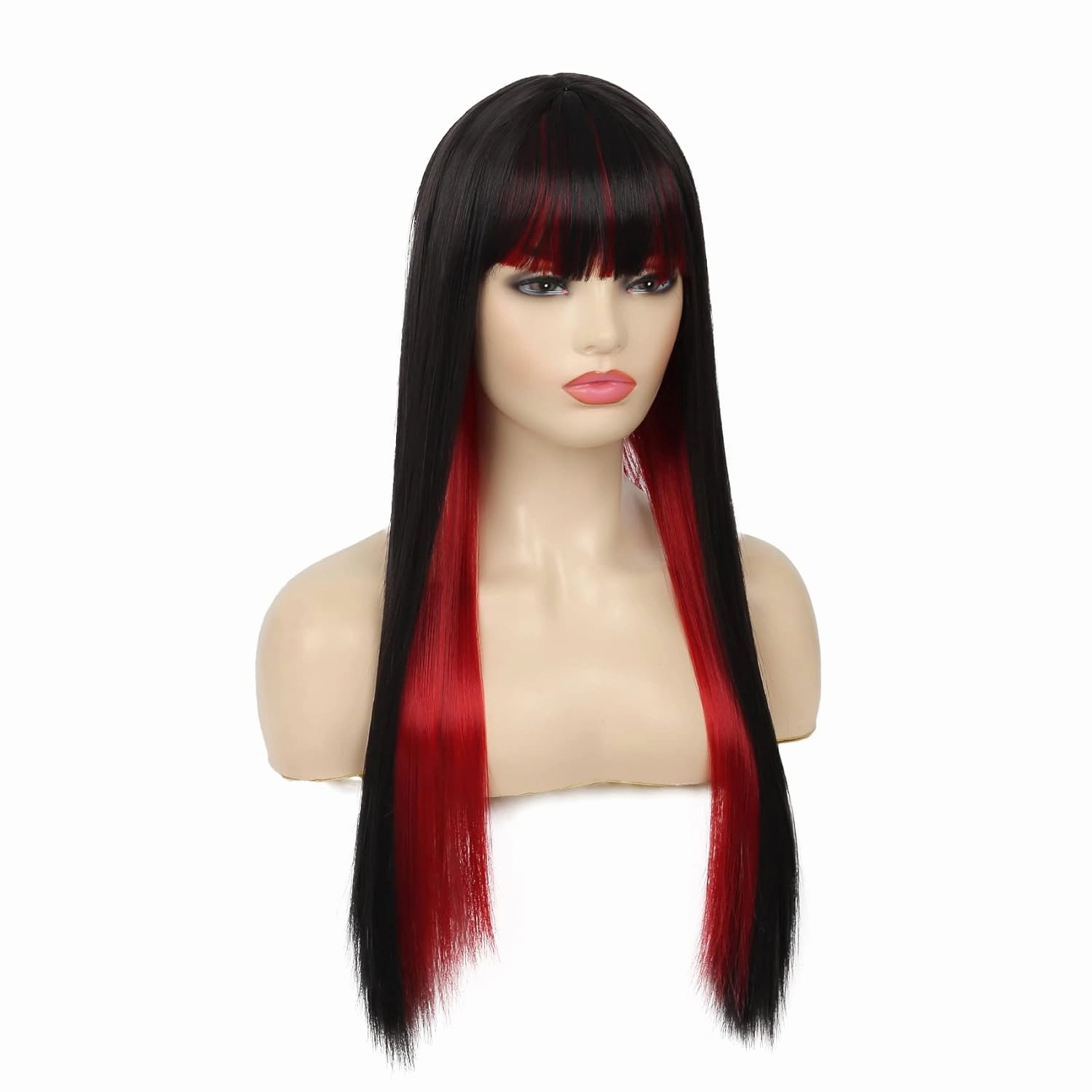 Swiking Black and Red Long Straight Wigs with Bangs for Women Two Tone Heat Resistant Synthetic Wig for Daily Cosplay Halloween Party Use