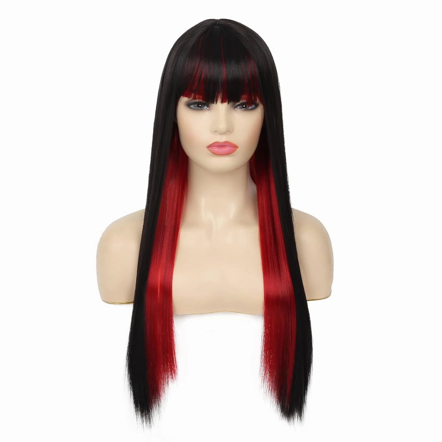 Swiking Black and Red Long Straight Wigs with Bangs for Women Two Tone Heat Resistant Synthetic Wig for Daily Cosplay Halloween Party Use